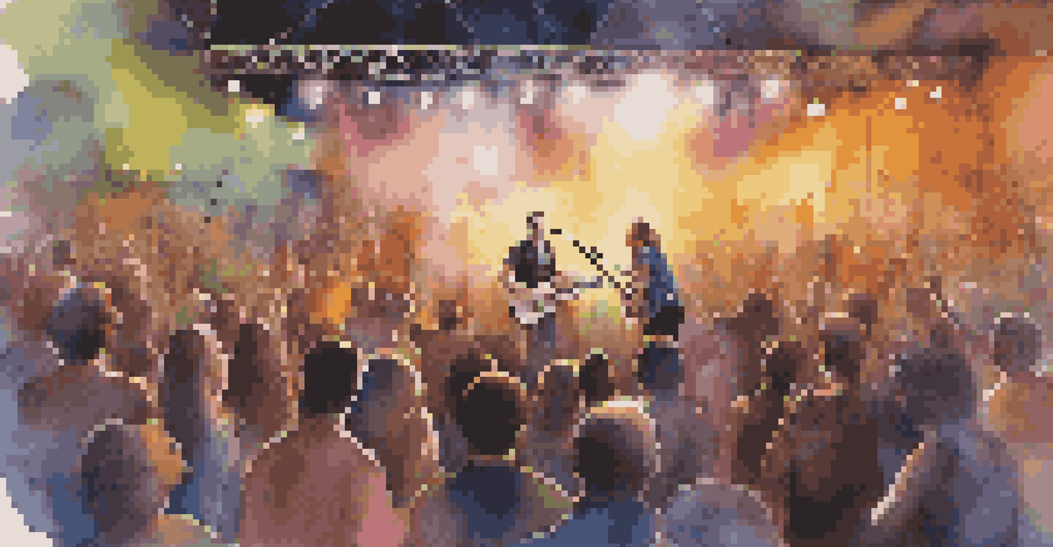 A collaborative performance at a music festival with an acoustic musician and an electric guitarist on stage, surrounded by an enthusiastic audience.