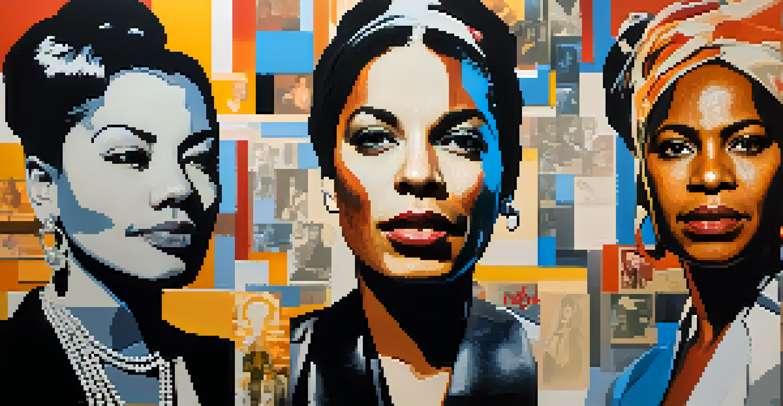 A collage featuring iconic female musicians like Billie Holiday, Joan Baez, and Nina Simone, with a backdrop of musical notes and symbols of activism, highlighted with a soft glow.