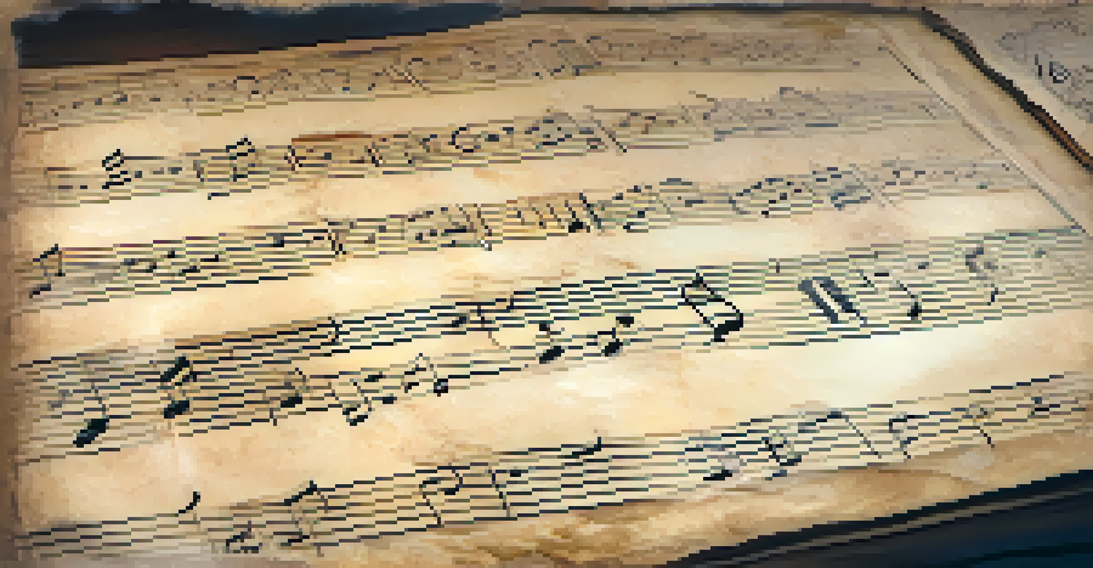 An aged Byzantine music manuscript on a wooden table, showcasing intricate neume notation and delicate illustrations.