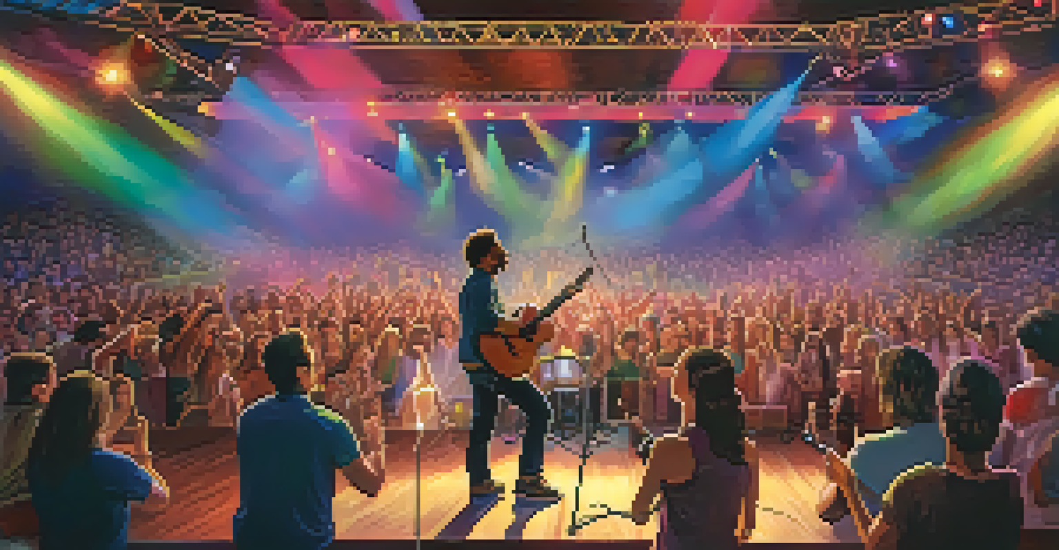 A musician encouraging the audience to sing along, creating a lively and interactive atmosphere.