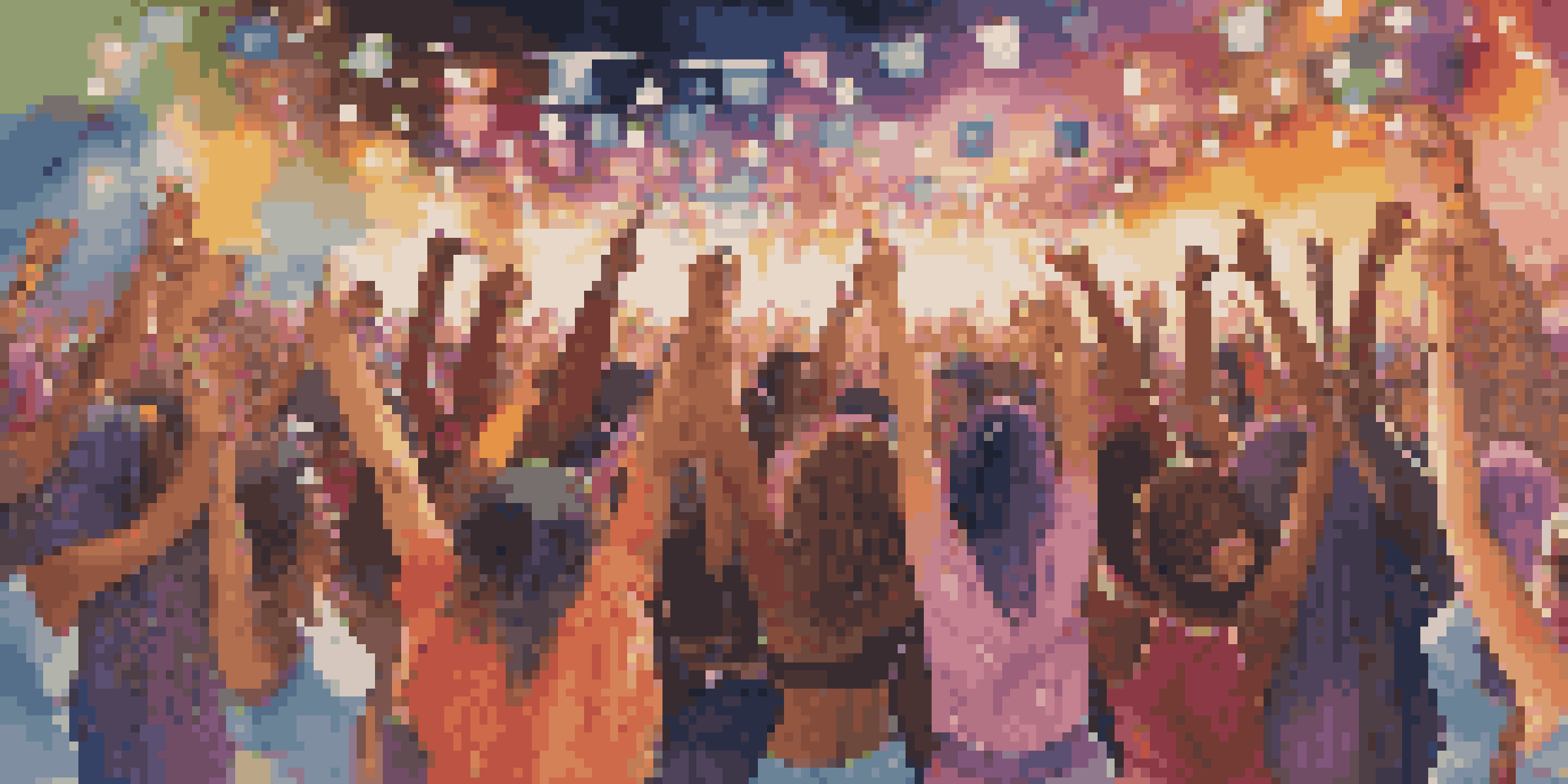 A lively music festival with female musicians performing on stage, surrounded by a cheering crowd and colorful lights, representing activism and empowerment.