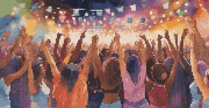 A lively music festival with female musicians performing on stage, surrounded by a cheering crowd and colorful lights, representing activism and empowerment.