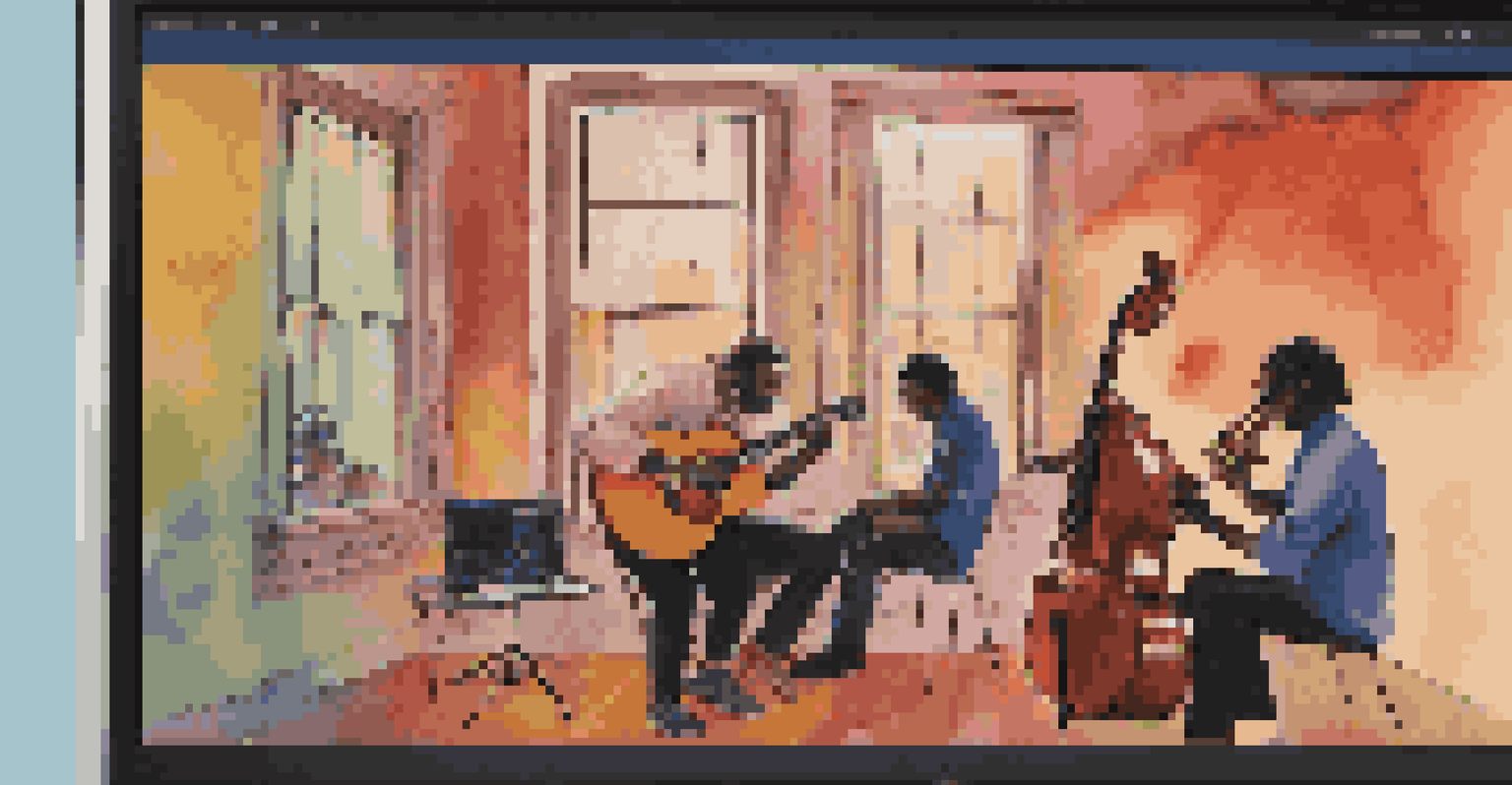 Four musicians participating in a video conferencing jam session, each playing their instruments and sharing ideas.