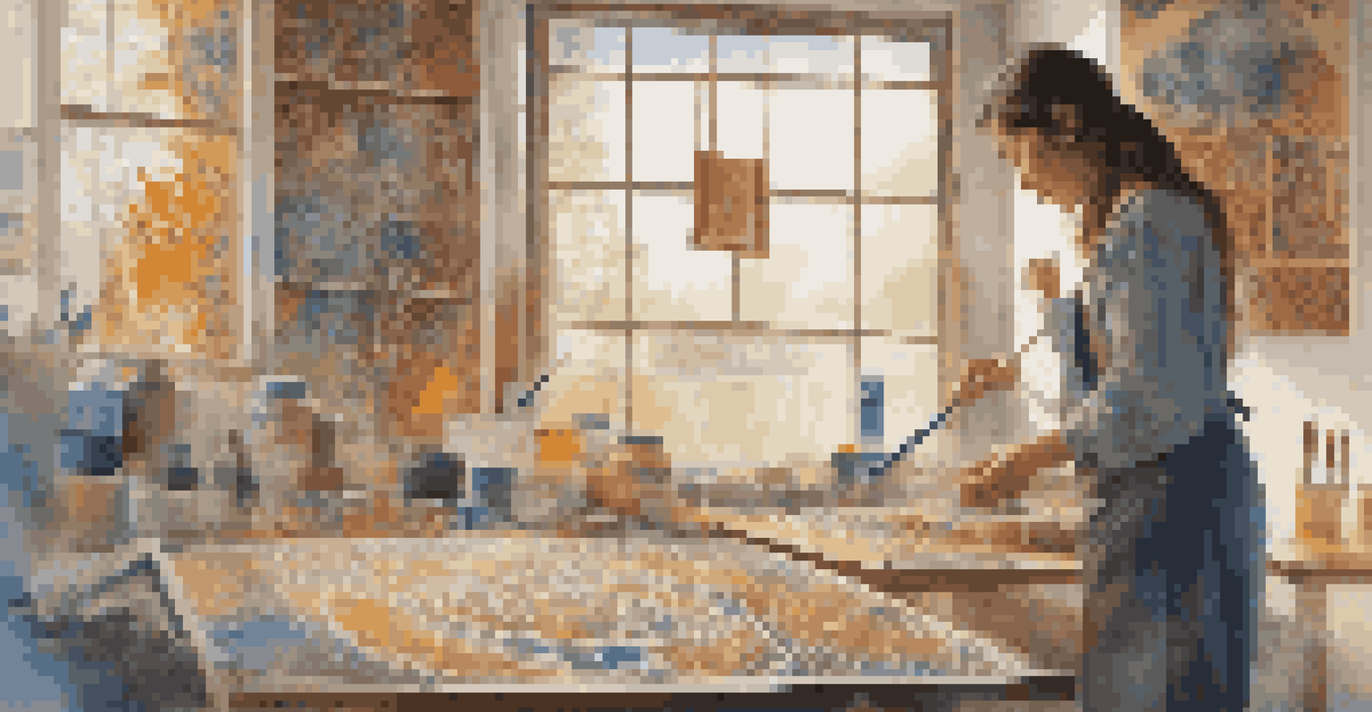 An artist painting a mural that blends various cultural influences in a sunlit studio.