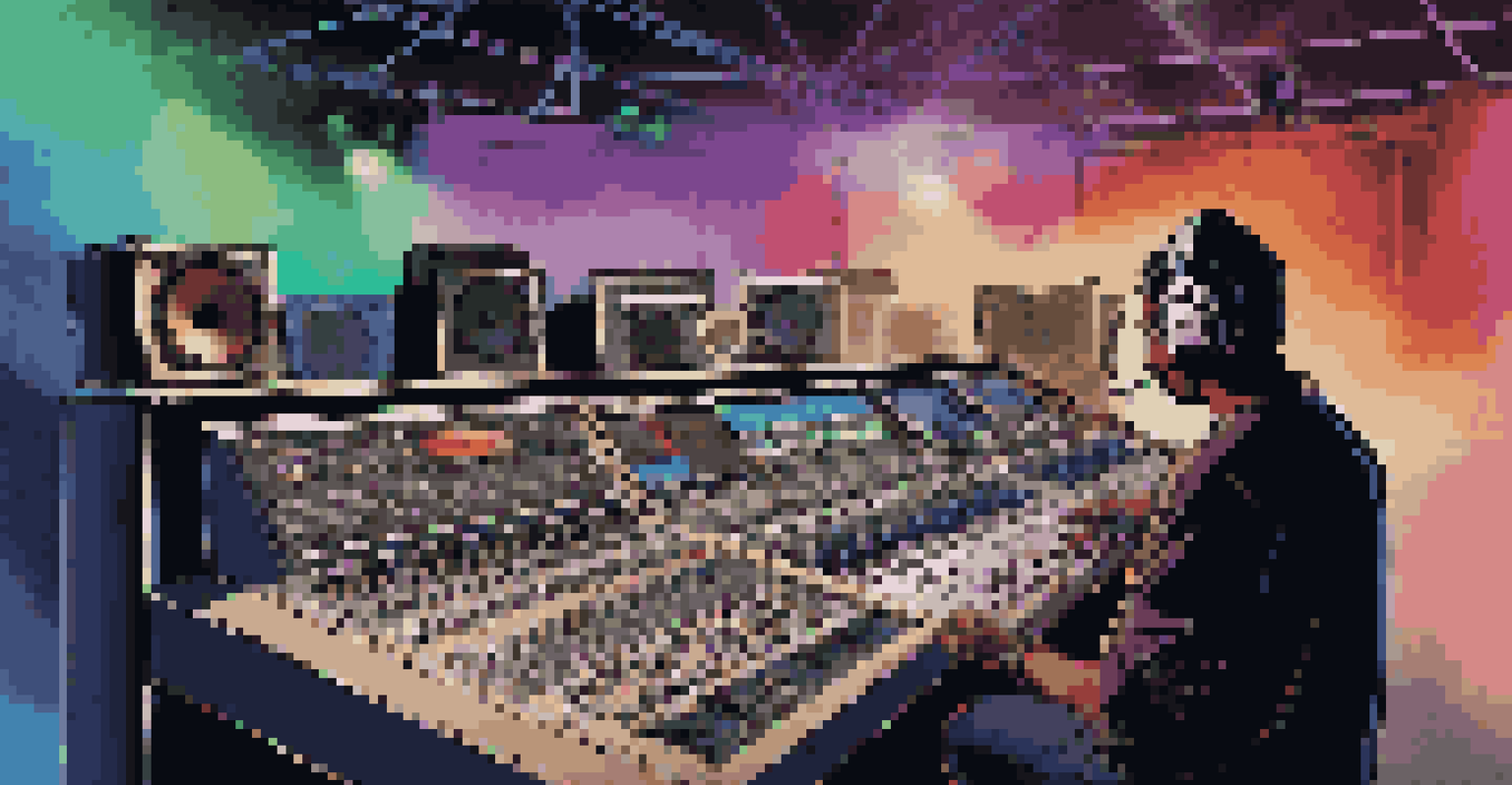 A sound engineer working with sound equipment, adjusting settings for a surround sound system in a lively concert environment.
