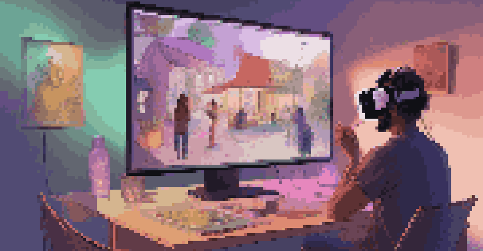 An artist engaging with fans through a live chat during a digital music festival, with a cozy home background and colorful lighting.