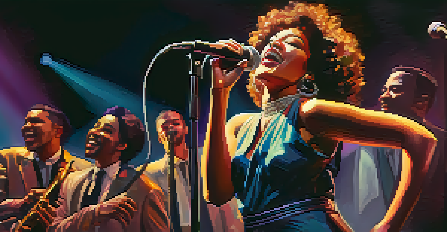 A female jazz singer performing energetically on stage with a band, surrounded by colorful lights and an excited audience.