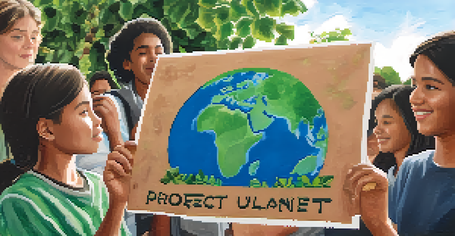 A young person passionately holding a sign that says 'Protect Our Planet' amidst a lively community event focused on environmental conservation.