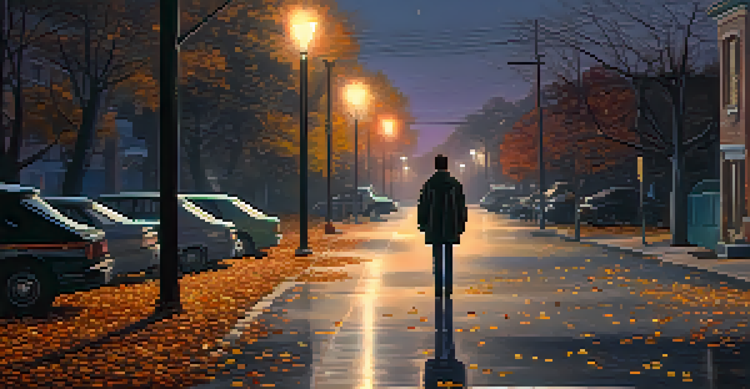 A character standing alone on a quiet street at twilight, illuminated by streetlights, evoking a deep sense of reflection and solitude.
