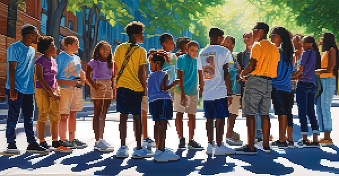 A diverse group of young people gathered around a street artist painting a colorful mural that represents empowerment and social justice.