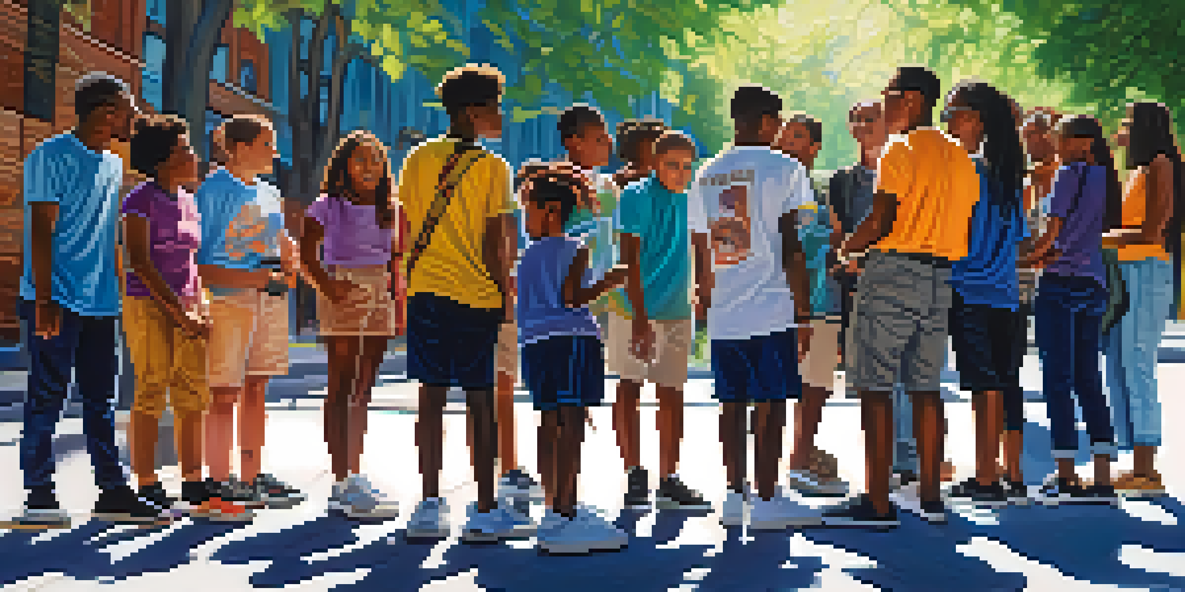 A diverse group of young people gathered around a street artist painting a colorful mural that represents empowerment and social justice.