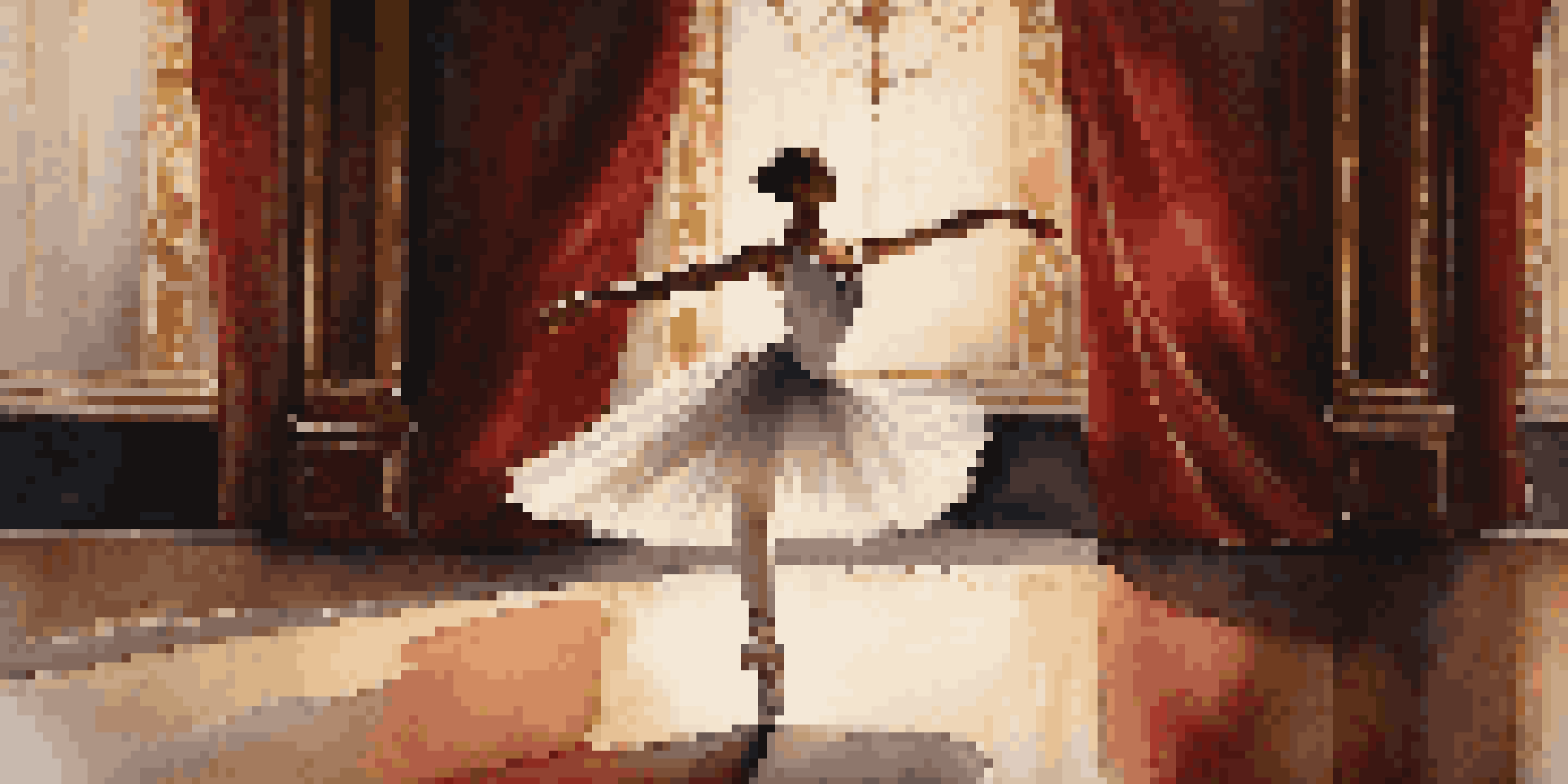 A ballet dancer in a white tutu performing a pirouette on stage with warm lighting and a red velvet curtain in the background.