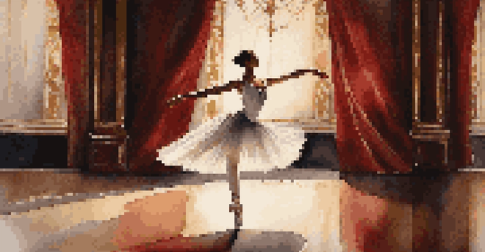 A ballet dancer in a white tutu performing a pirouette on stage with warm lighting and a red velvet curtain in the background.