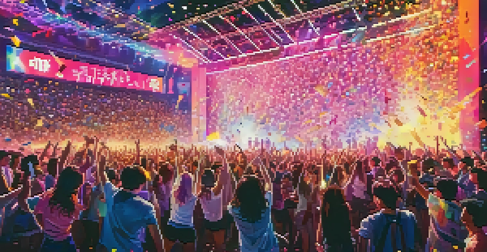 A lively concert with fans holding light sticks, colorful stage lights, and a large screen showing performing artists.