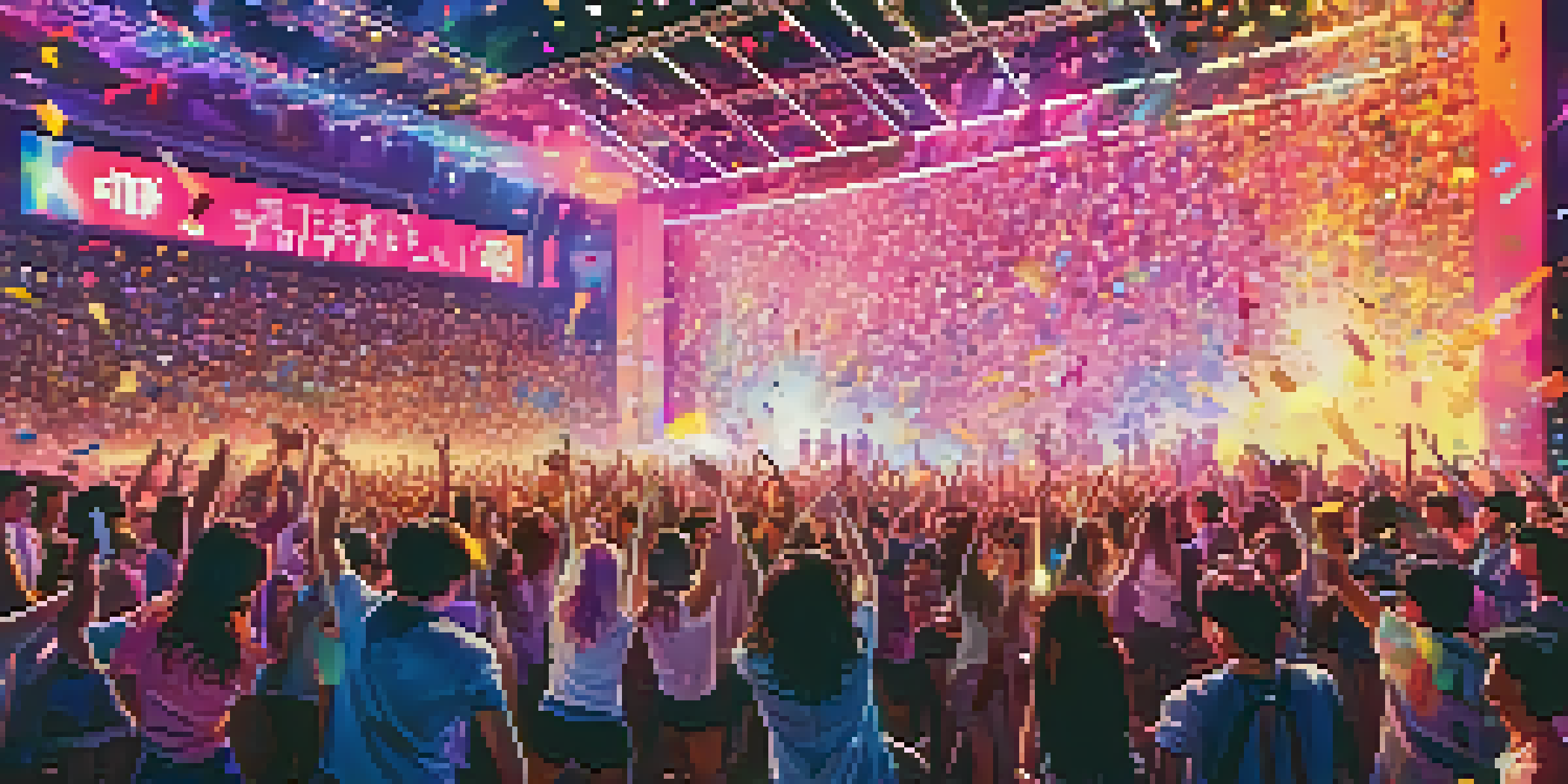A lively concert with fans holding light sticks, colorful stage lights, and a large screen showing performing artists.