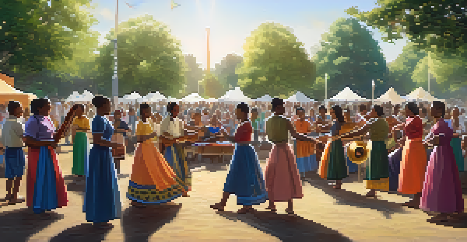 Community members enjoying a traditional music-making event in a park, with dancing and singing.