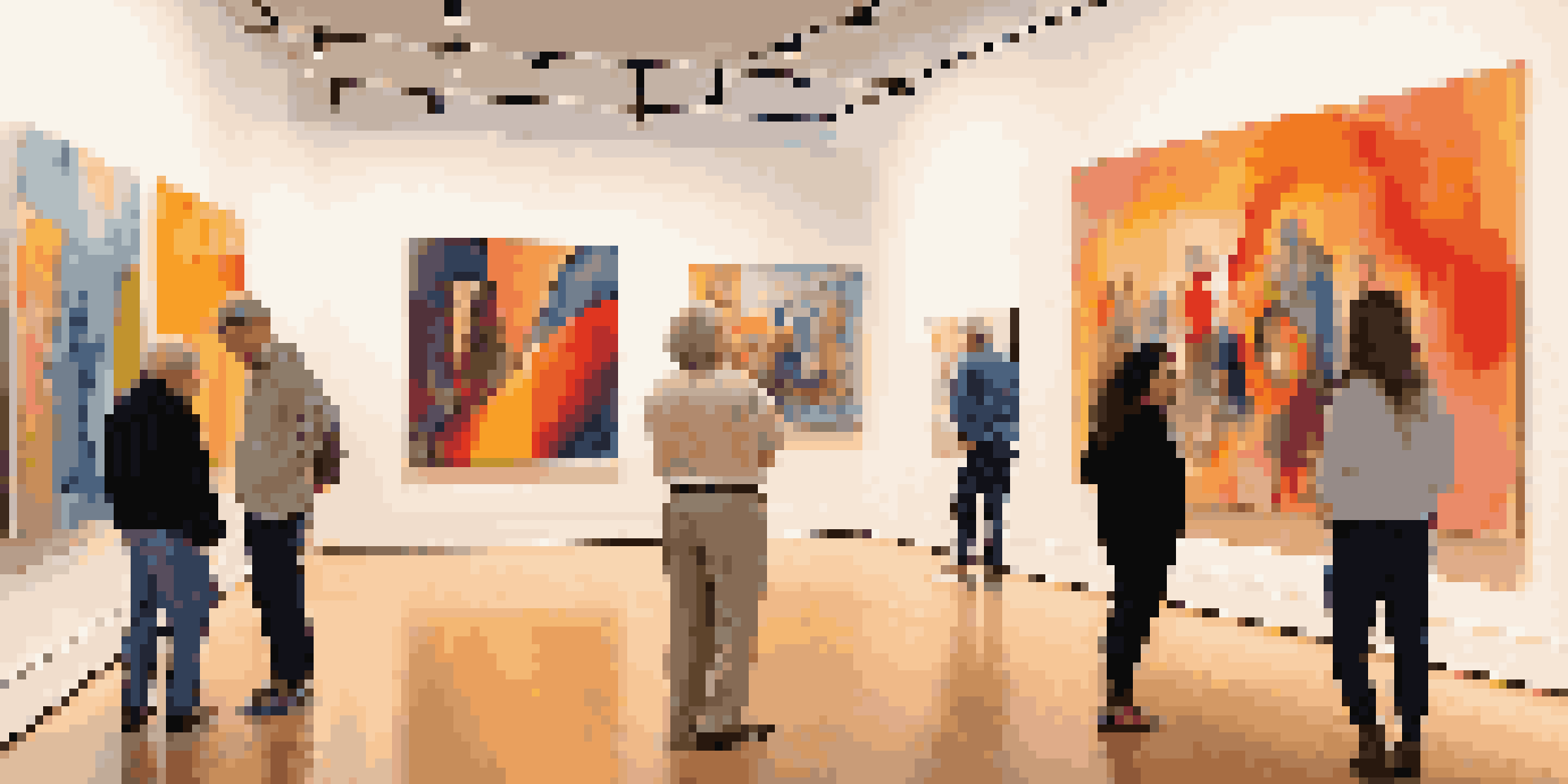 A gallery filled with colorful abstract paintings, with visitors admiring the art in a warmly lit space.