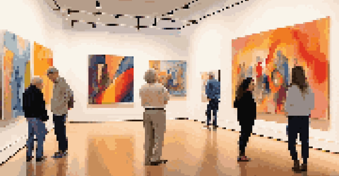 A gallery filled with colorful abstract paintings, with visitors admiring the art in a warmly lit space.