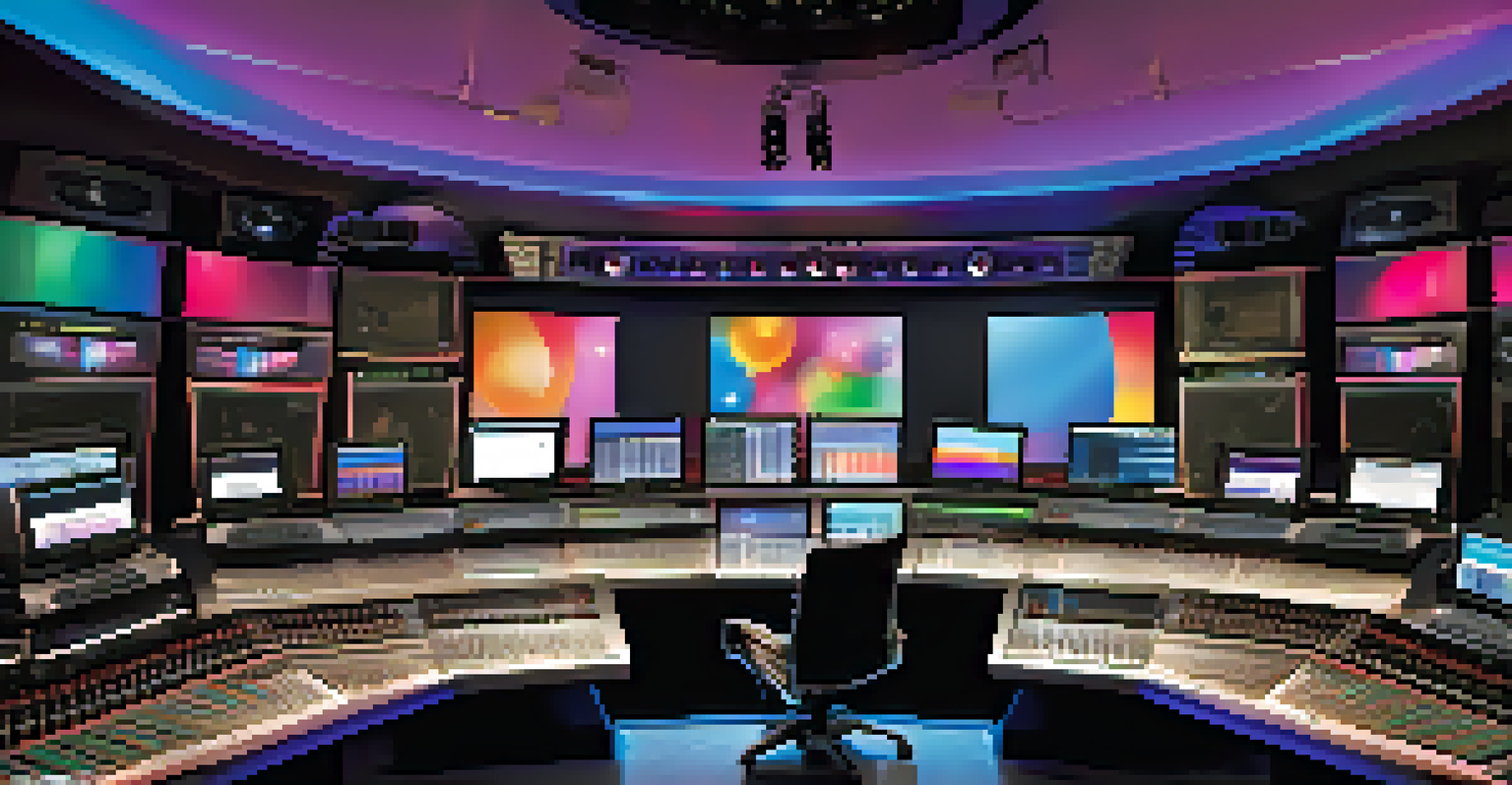 A contemporary digital radio studio with a DJ mixing tracks, surrounded by high-tech equipment and vibrant lighting.