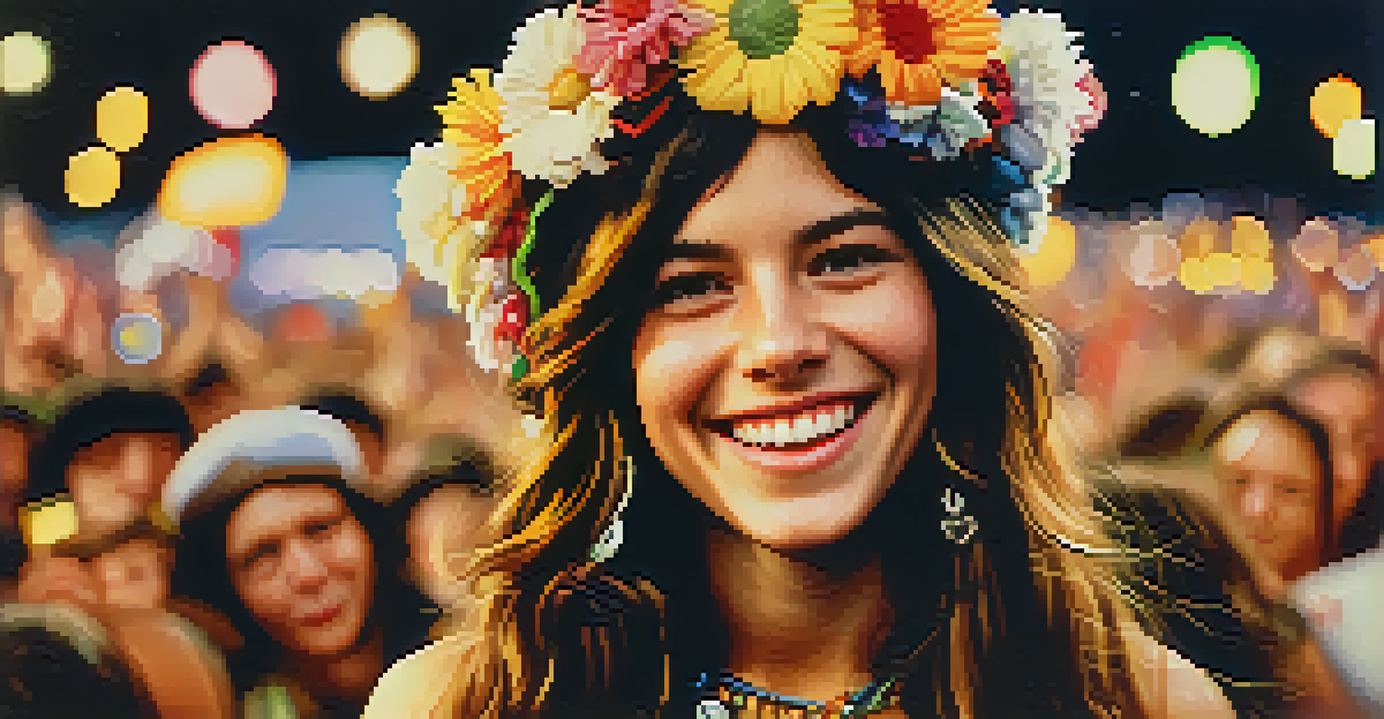 A smiling young woman wearing a flower crown and peace sign jewelry at Woodstock, with concert lights and a crowd in the background.