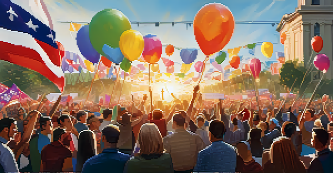 A lively political rally with a diverse crowd, colorful banners, and a speaker on stage during sunset.