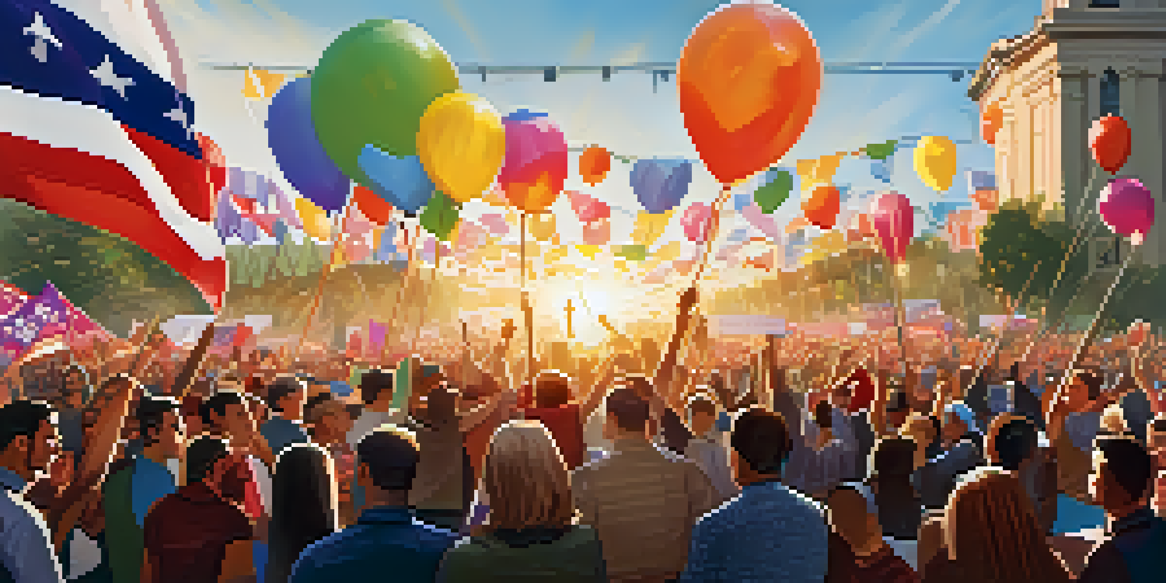 A lively political rally with a diverse crowd, colorful banners, and a speaker on stage during sunset.