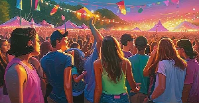 A lively music festival scene with diverse teenagers enjoying the atmosphere, surrounded by colorful lights and a vibrant sunset.