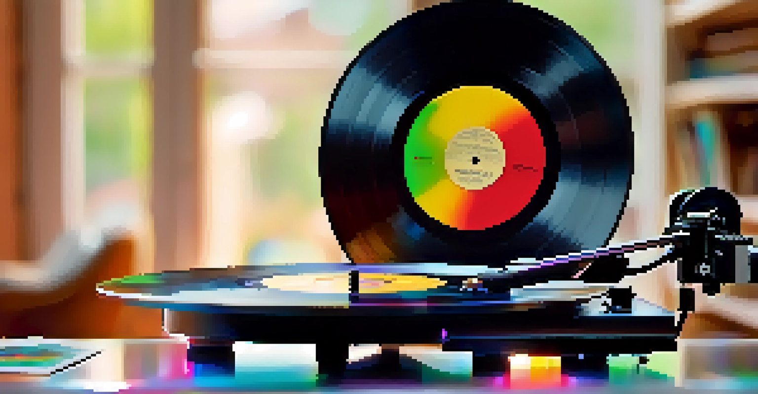 A close-up of a vinyl record player with a colorful vinyl disc spinning, surrounded by a cozy room filled with musical instruments and posters.