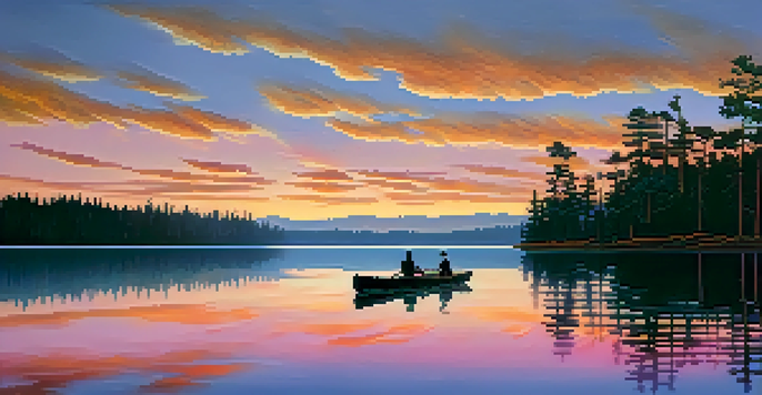 A sunset over a lake with colorful reflections and silhouettes of trees and a canoe.
