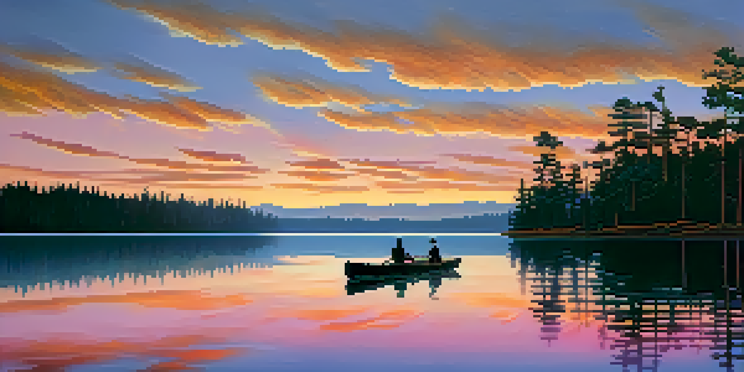 A sunset over a lake with colorful reflections and silhouettes of trees and a canoe.