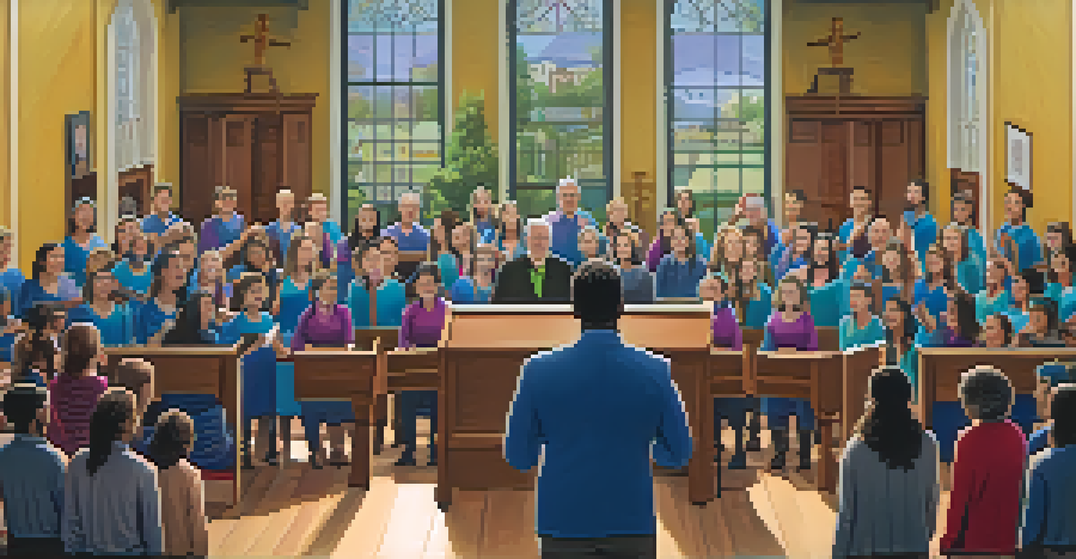 A split-screen image of a virtual choir rehearsal with singers on video calls, contrasted with a traditional choir rehearsal in a community hall, showcasing technology and tradition.