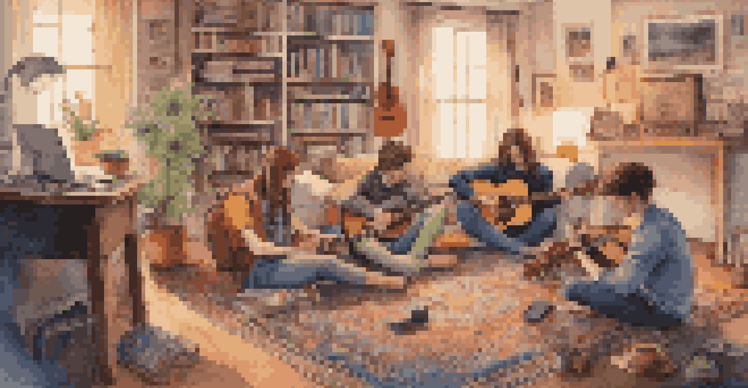 A cozy room with teenagers sitting on a colorful rug, creating a music playlist together while surrounded by musical instruments.