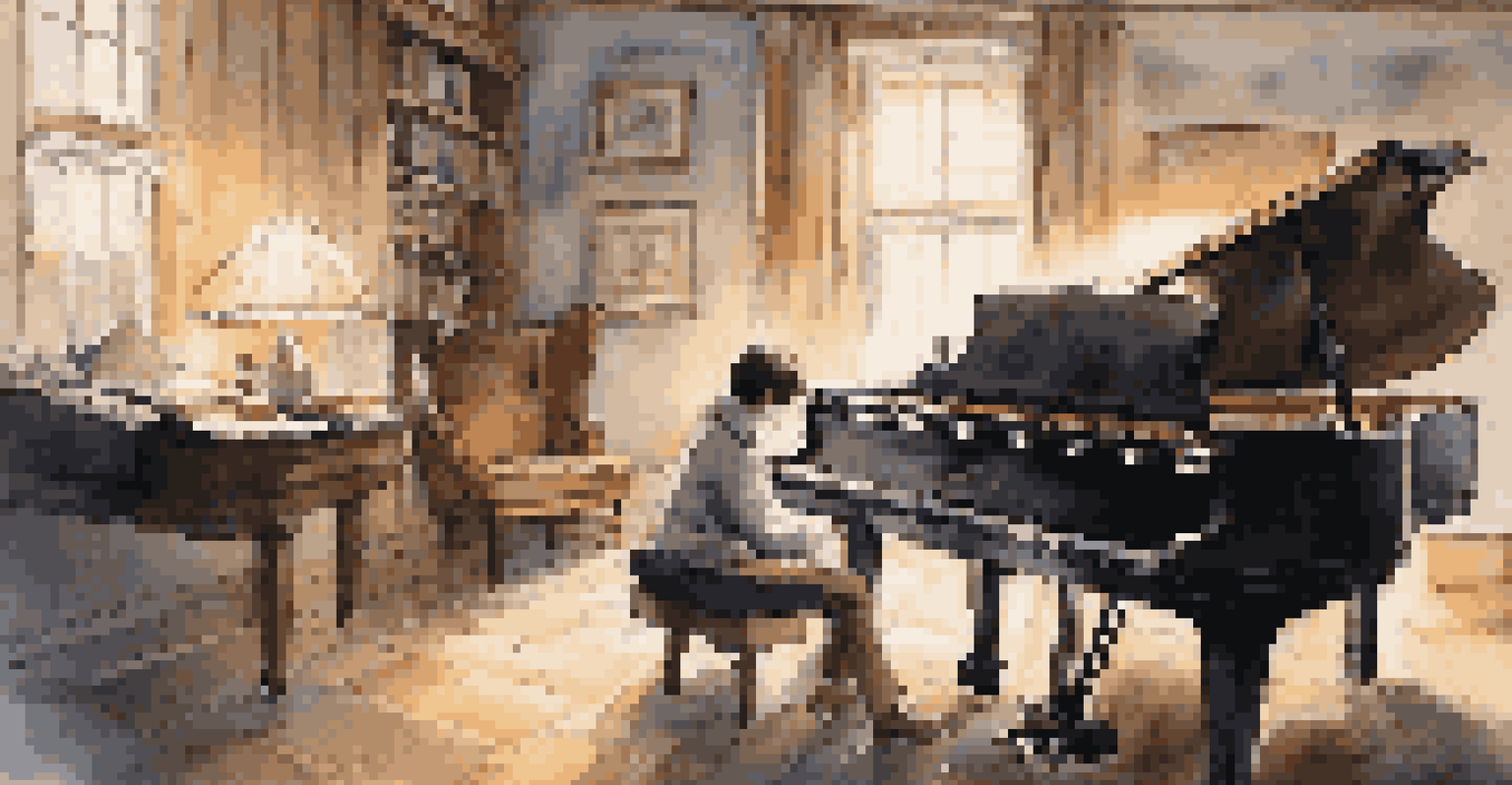 A musician practicing on a grand piano in a cozy room, with music sheets around, focused on repeating a complex piece.