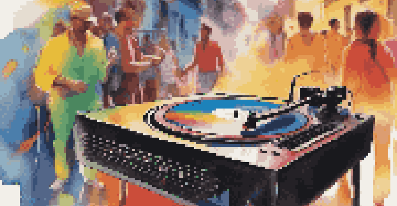 A vinyl record player with colorful sound waves surrounding it, set against a blurred background of a lively cultural festival.