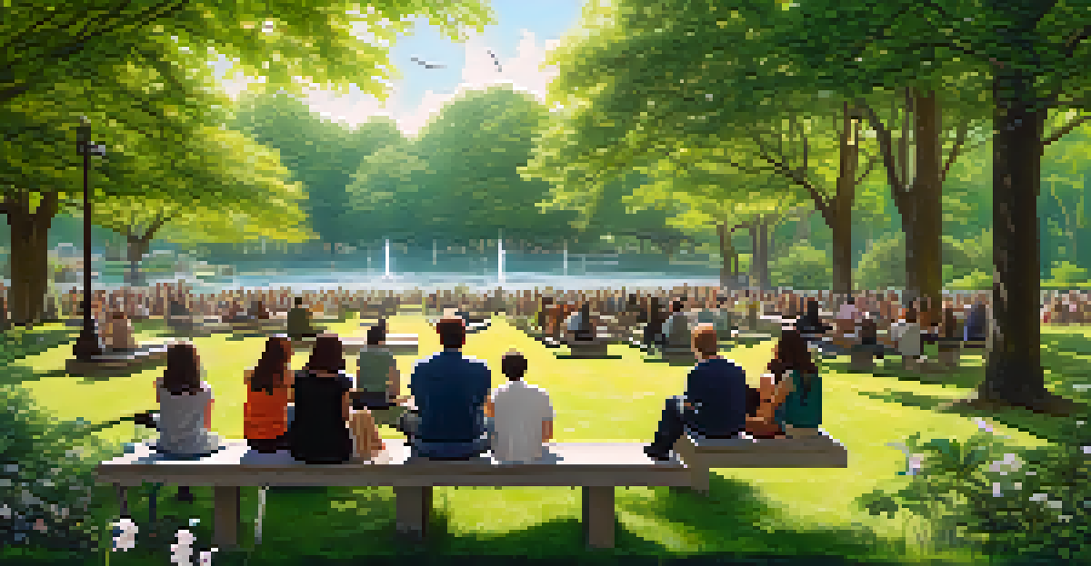 A tranquil park setting with speakers hidden in trees playing nature sounds, people sitting on benches enjoying the peaceful ambiance surrounded by lush greenery.