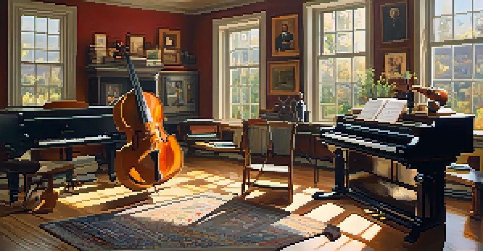 An artist's studio with a piano, violin, guitar, and sunlight streaming in through windows, creating a warm and inviting atmosphere.