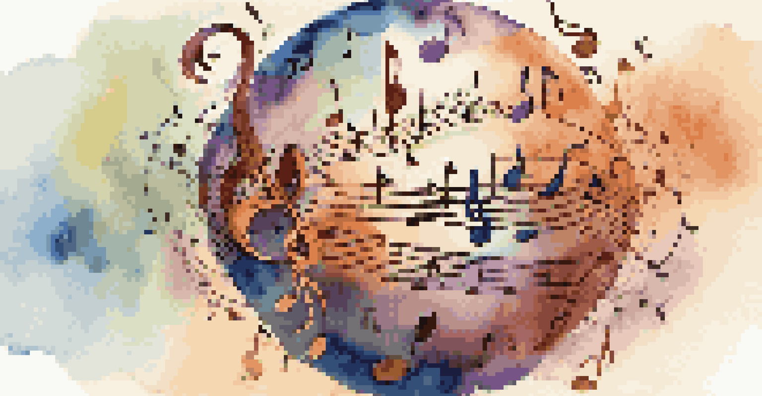 A globe surrounded by musical notes representing diverse cultures and languages.