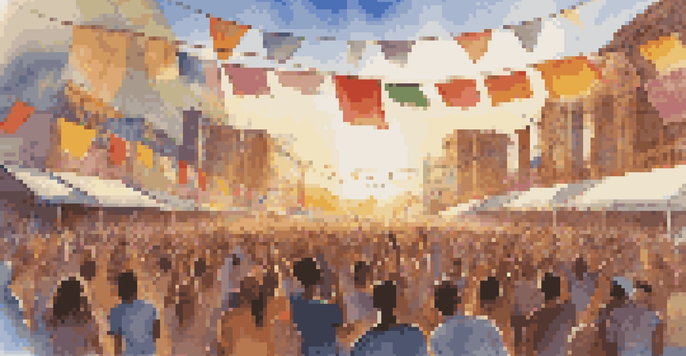A lively music festival with a diverse audience enjoying performances, colorful flags, and a sunset backdrop.