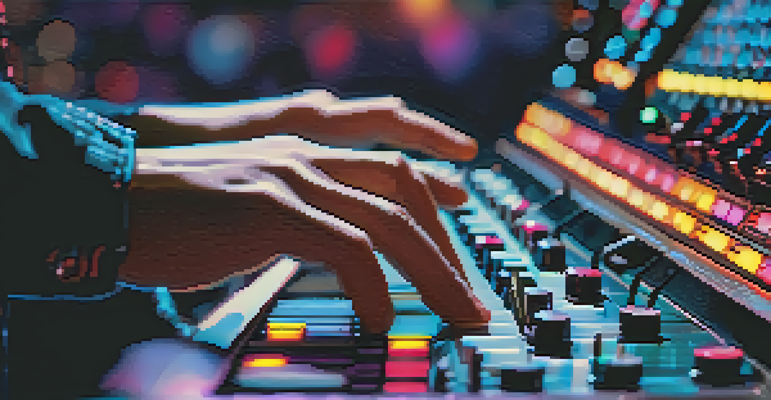 A close-up view of a musician's hands on a synthesizer, capturing the details of electronic music creation.
