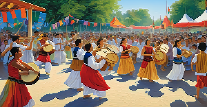 A lively folk festival with musicians playing traditional instruments and a diverse crowd dancing in a park setting.