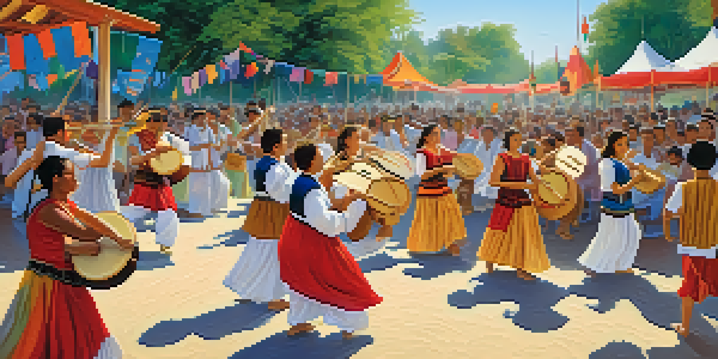 A lively folk festival with musicians playing traditional instruments and a diverse crowd dancing in a park setting.
