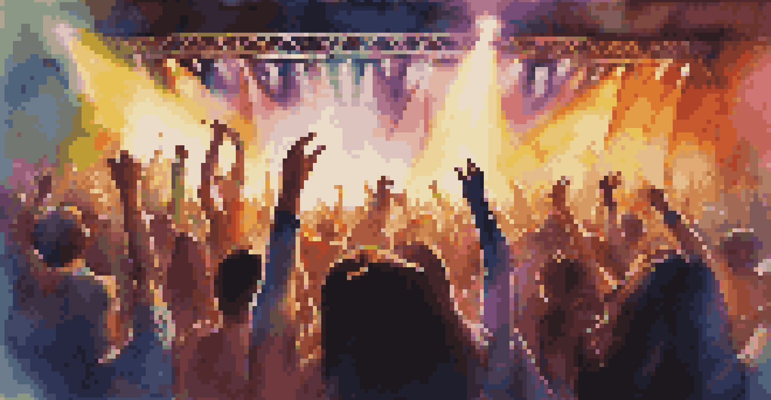 A lively concert scene with an audience dancing and musicians performing under colorful stage lights.
