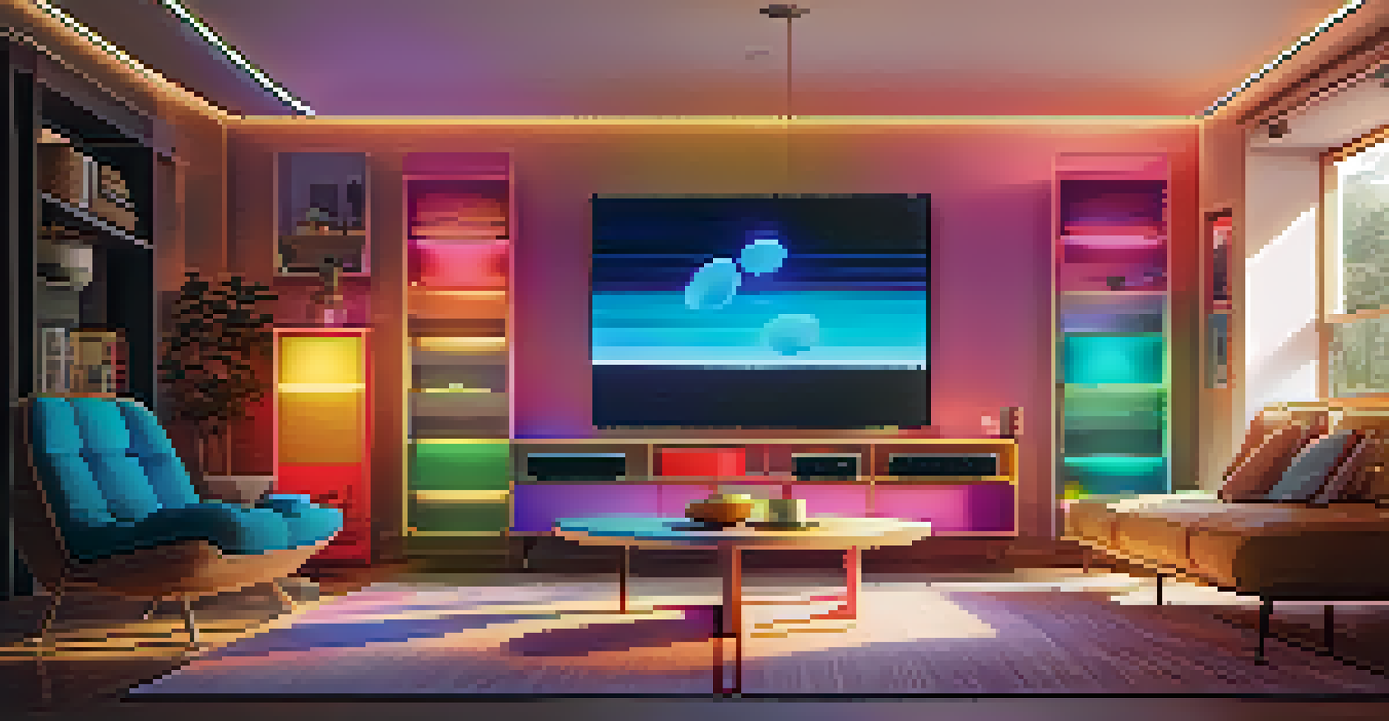 A warm home interior featuring smart speakers and colorful sound waves, depicting a cozy atmosphere.