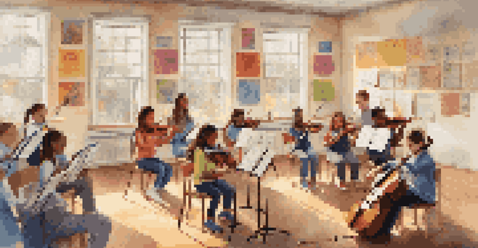 A lively classroom with students playing various musical instruments and singing, illuminated by natural light.
