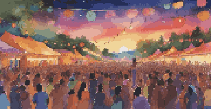 A lively music festival with diverse artists performing on stage, colorful lights, and a sunset sky, with a multicultural crowd enjoying the music.