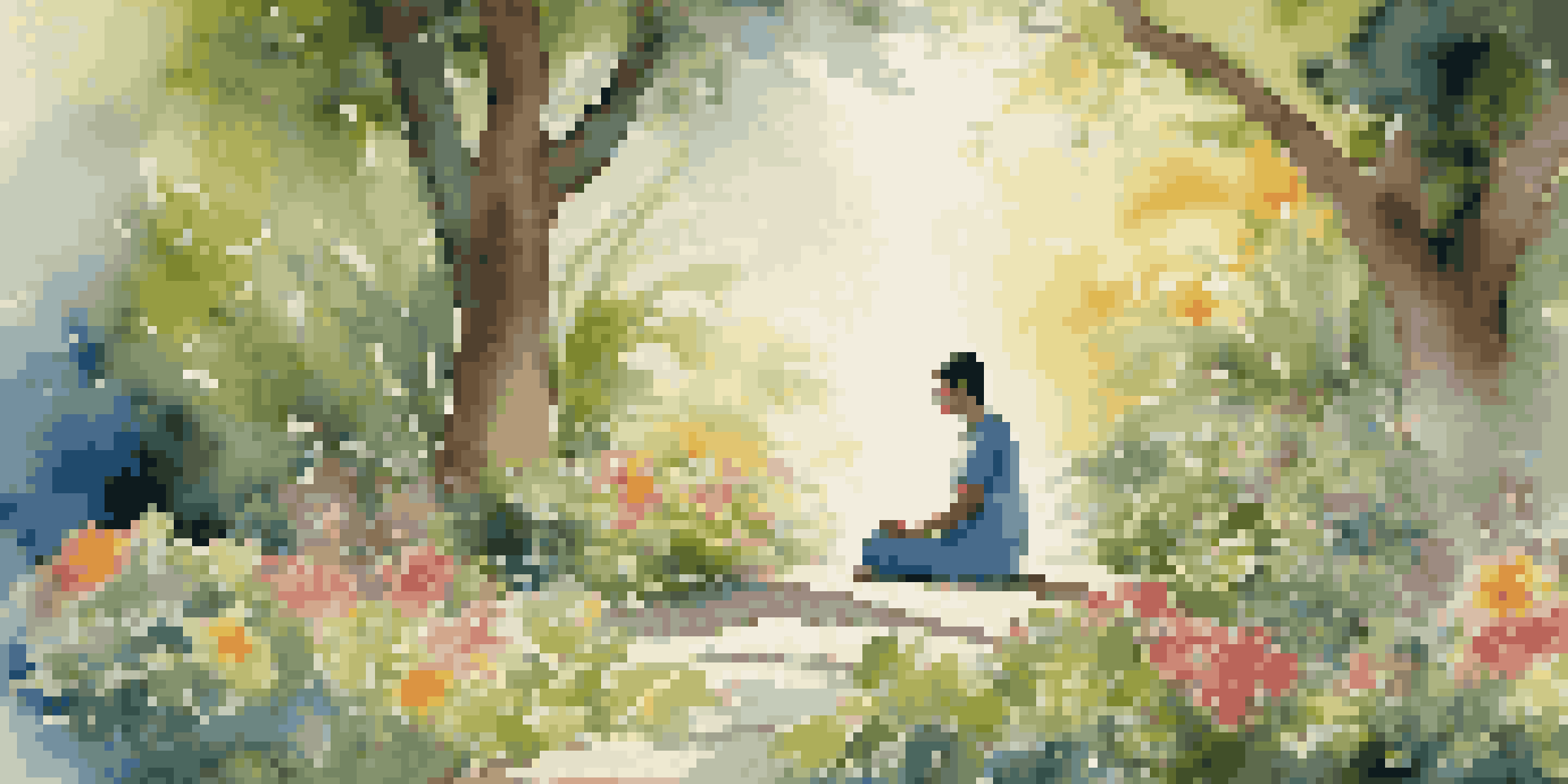 A person meditating in a peaceful garden, surrounded by vibrant flowers and soft sunlight.