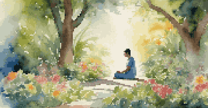 A person meditating in a peaceful garden, surrounded by vibrant flowers and soft sunlight.