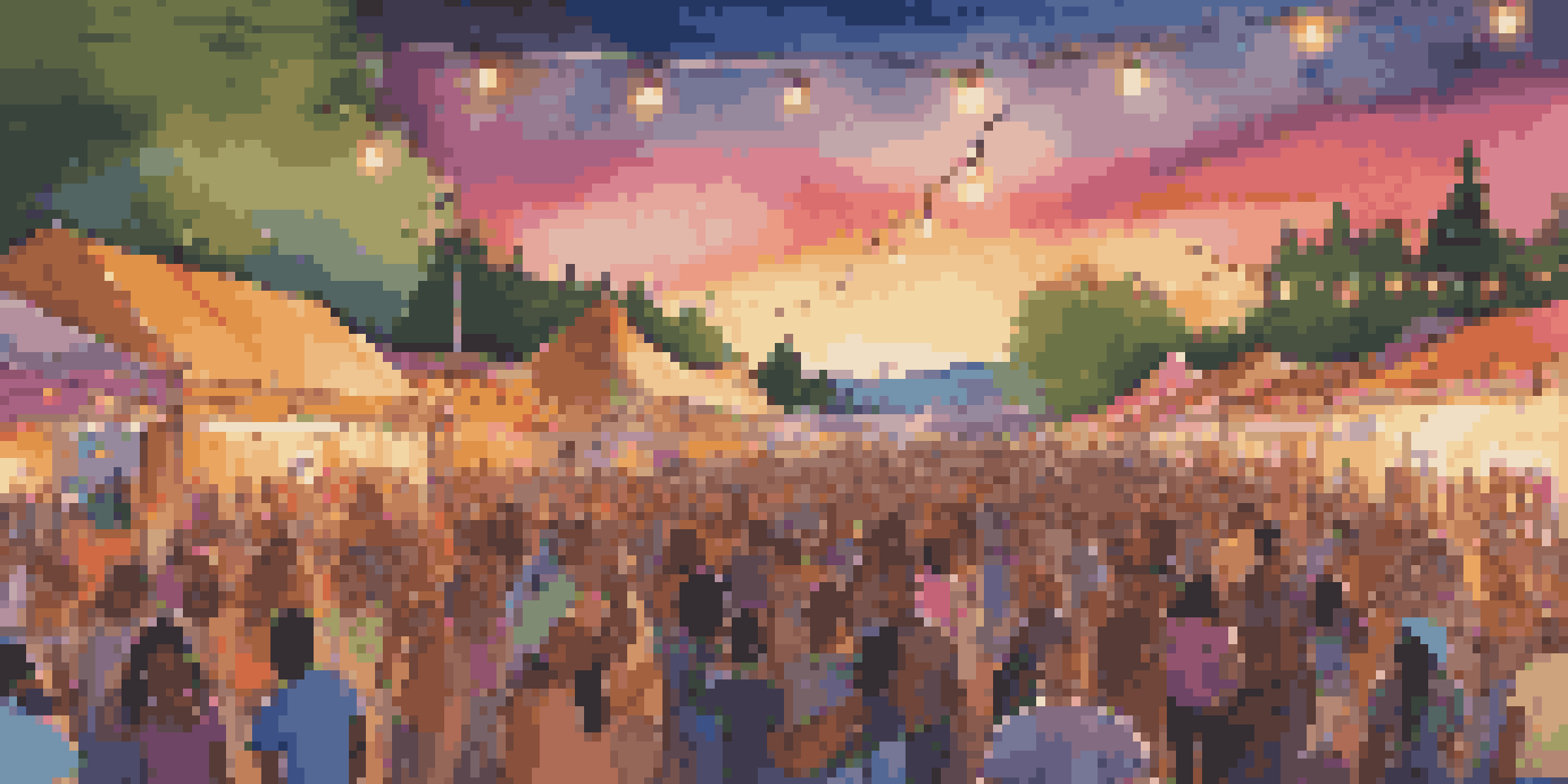 A lively outdoor music festival at sunset with a diverse crowd enjoying performances and colorful lights illuminating the stage.