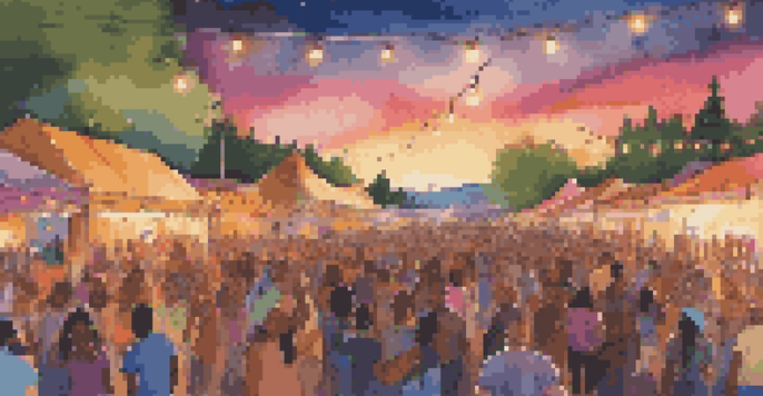 A lively outdoor music festival at sunset with a diverse crowd enjoying performances and colorful lights illuminating the stage.