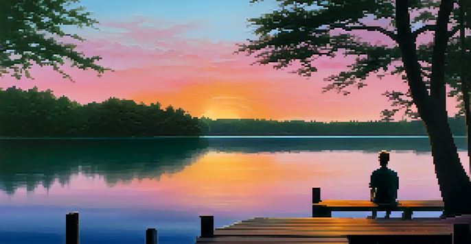 A person sitting on a dock by a lake during sunset, with colorful reflections in the water and trees surrounding the scene.